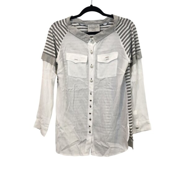 Elisa Cavaletti Striped Button-Down Shirt Unique Collar Button Size M White Grey - Picture 1 of 11